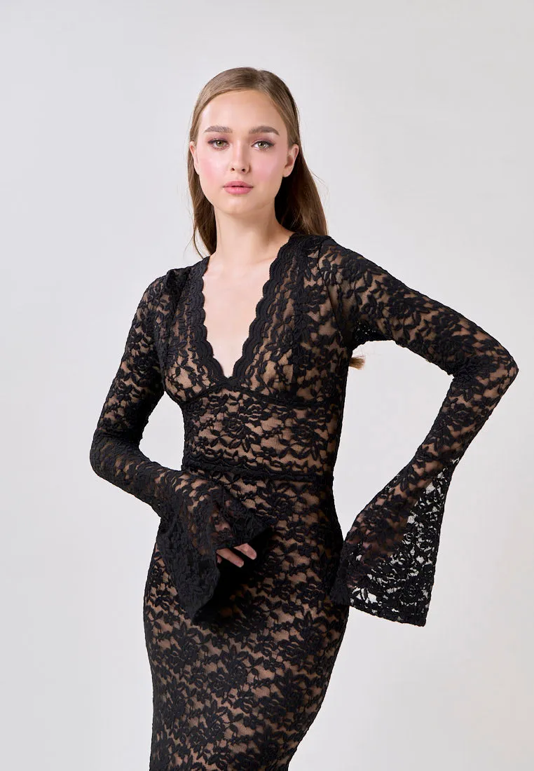 Vega Black Vintage Lace V-Neck Maxi Dress