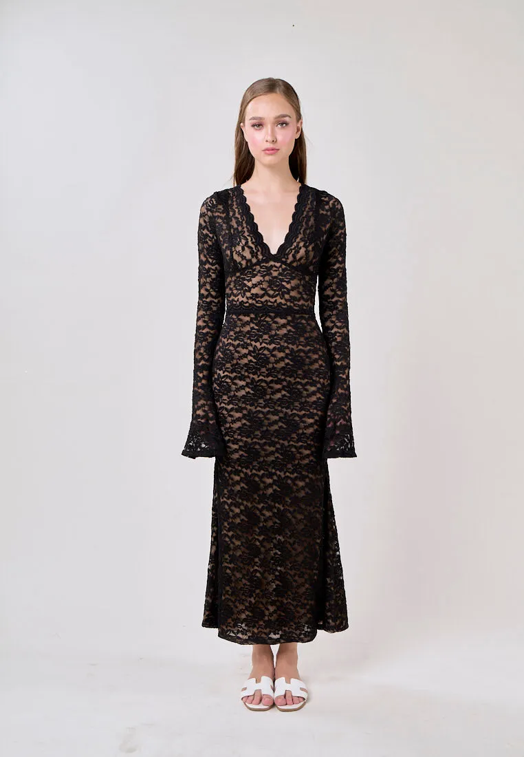 Vega Black Vintage Lace V-Neck Maxi Dress