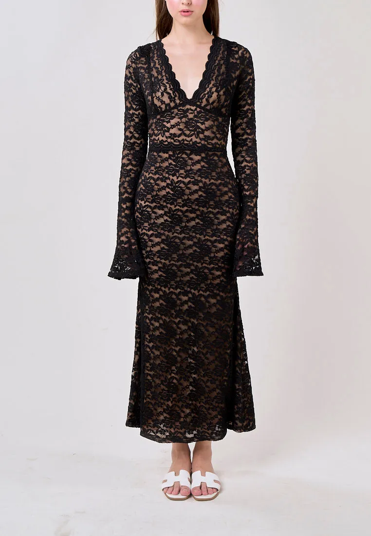 Vega Black Vintage Lace V-Neck Maxi Dress