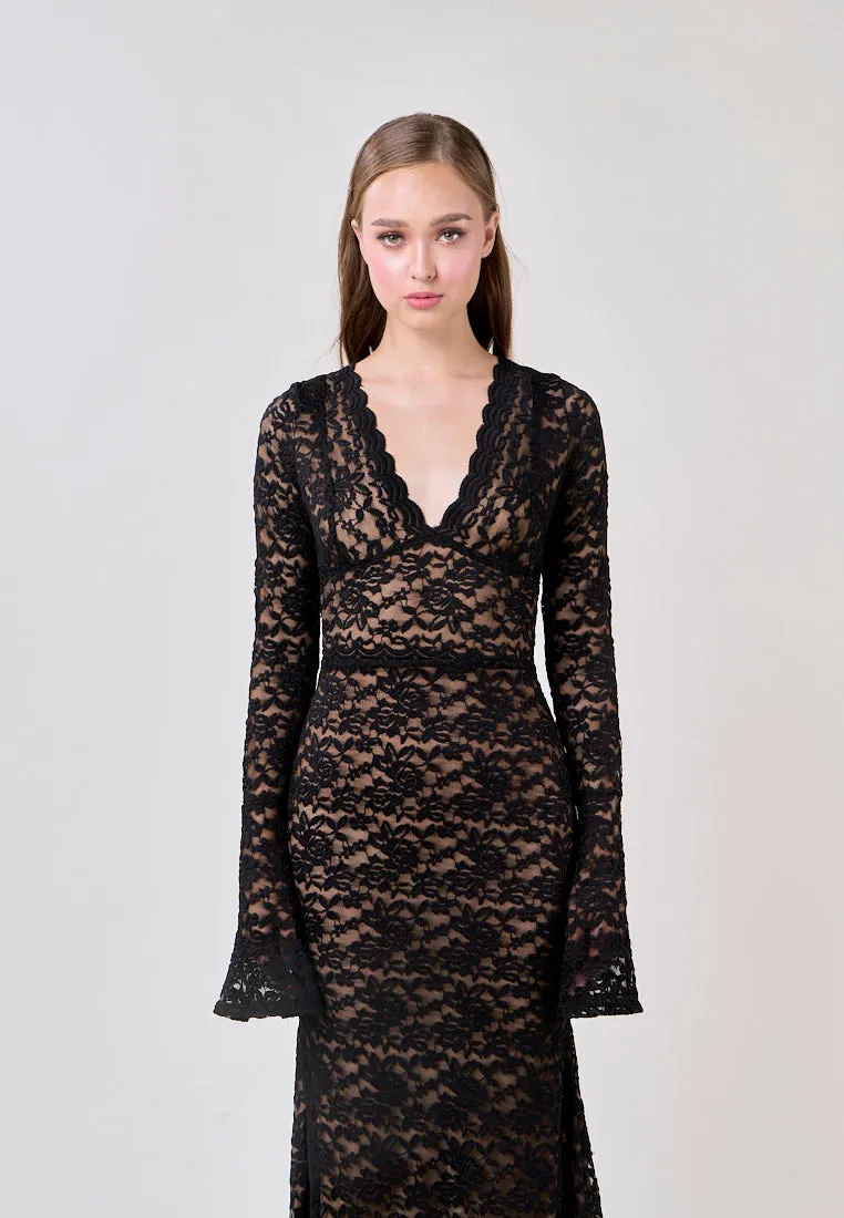 Vega Black Vintage Lace V-Neck Maxi Dress