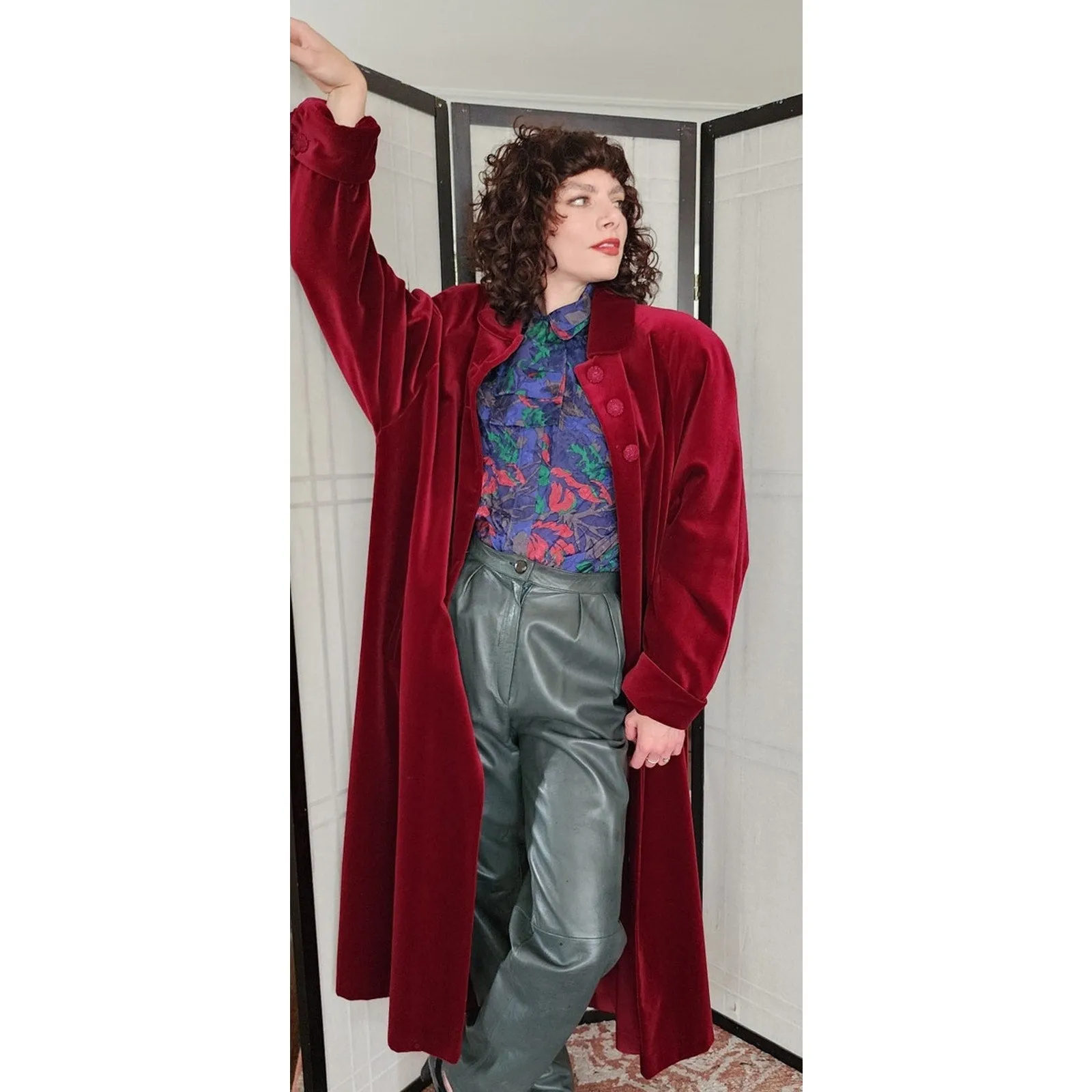 Vintage 80s Red Velvet Coat Raglan Sleeves, Belted