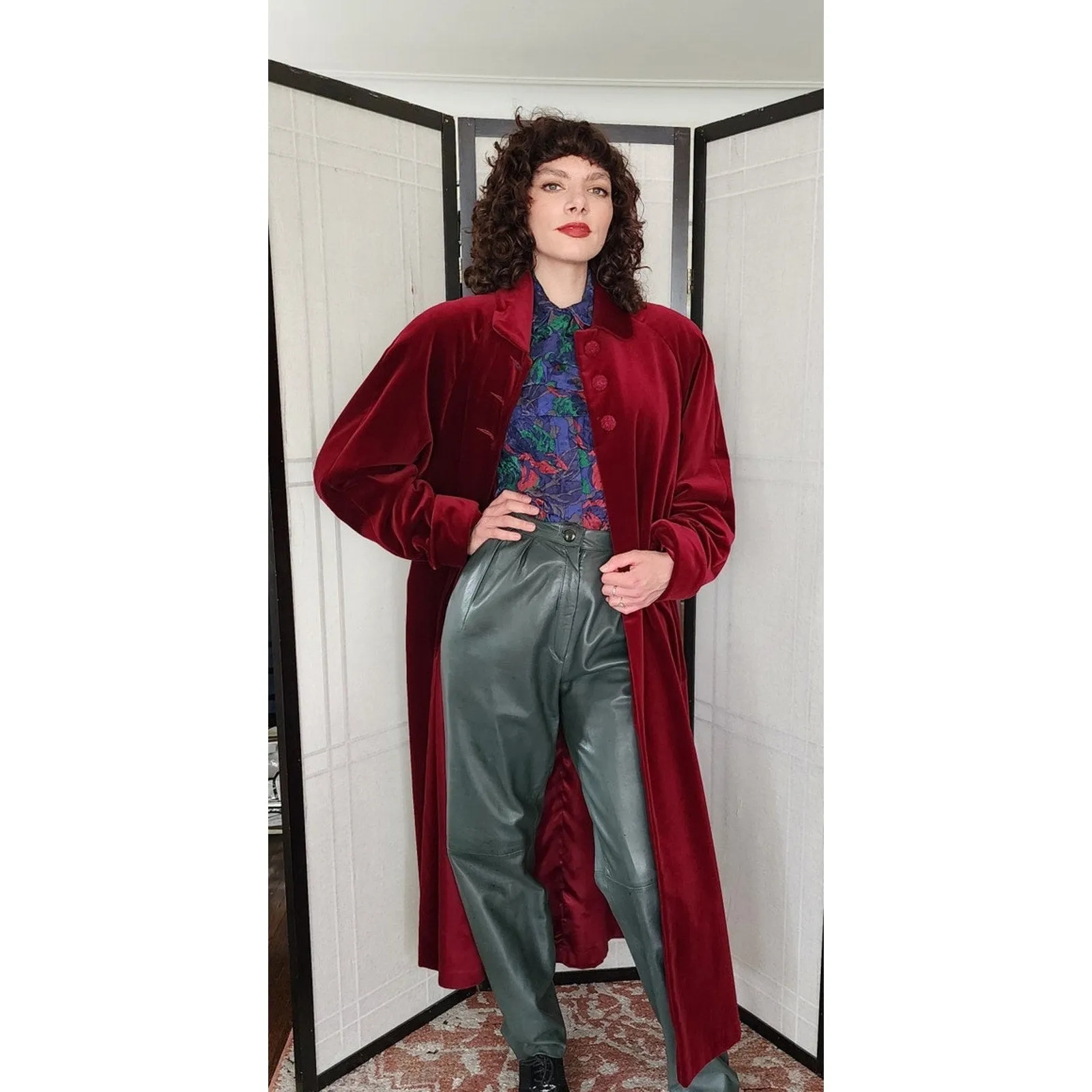 Vintage 80s Red Velvet Coat Raglan Sleeves, Belted