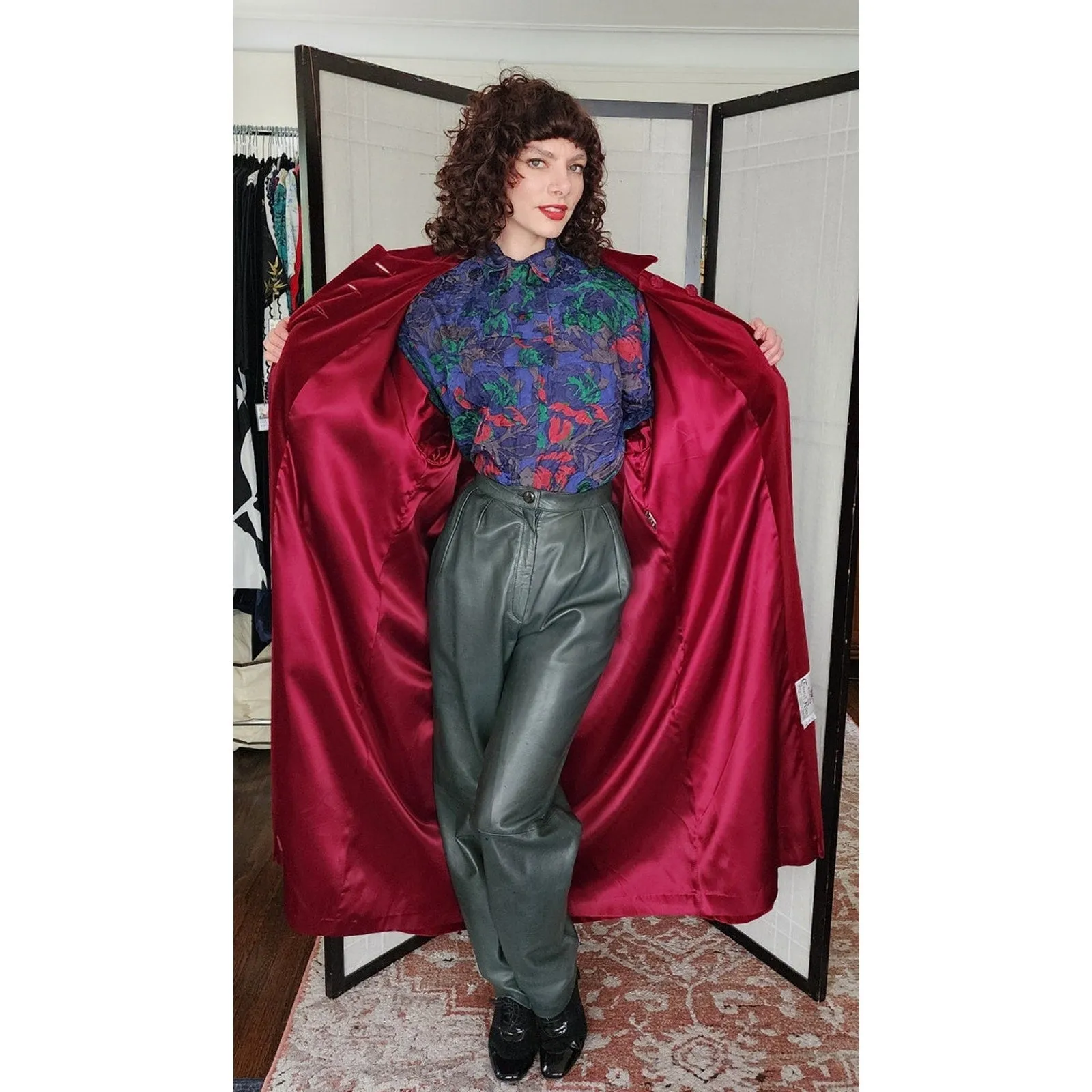 Vintage 80s Red Velvet Coat Raglan Sleeves, Belted