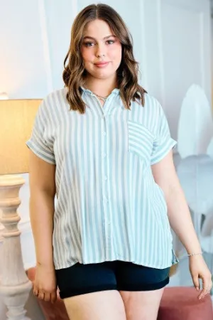 White & Dusty Blue Stripe Chambray Button Down