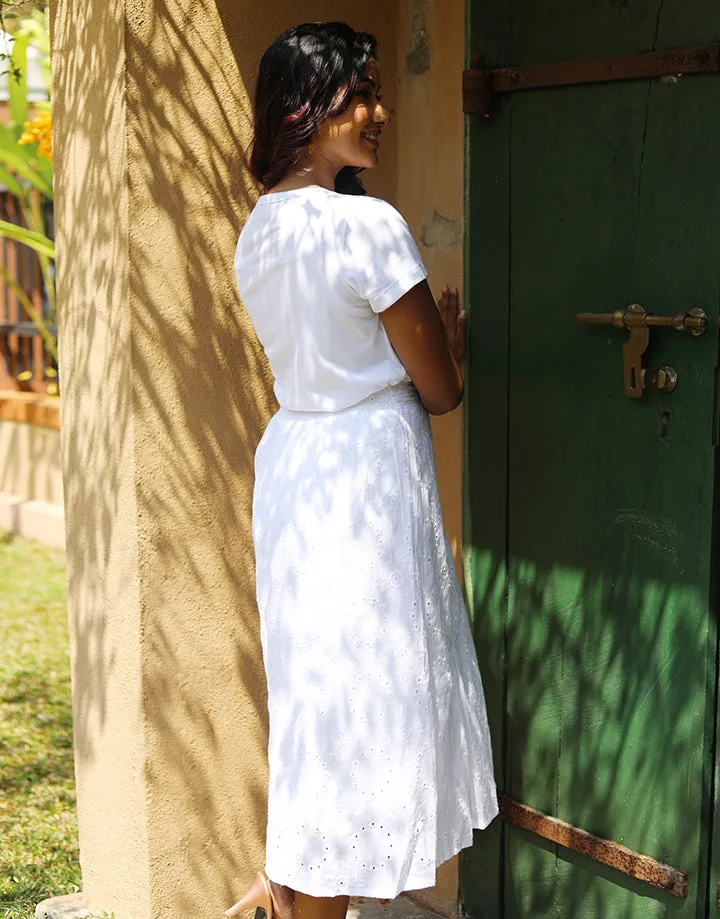 White Cut Lawn Midi Skirt
