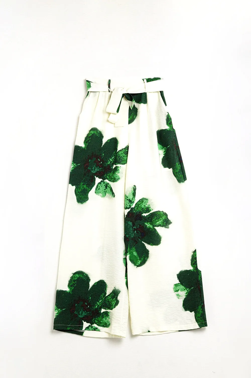 white Palazzo Pants With Green Tropial Flower Print and Matching Belt