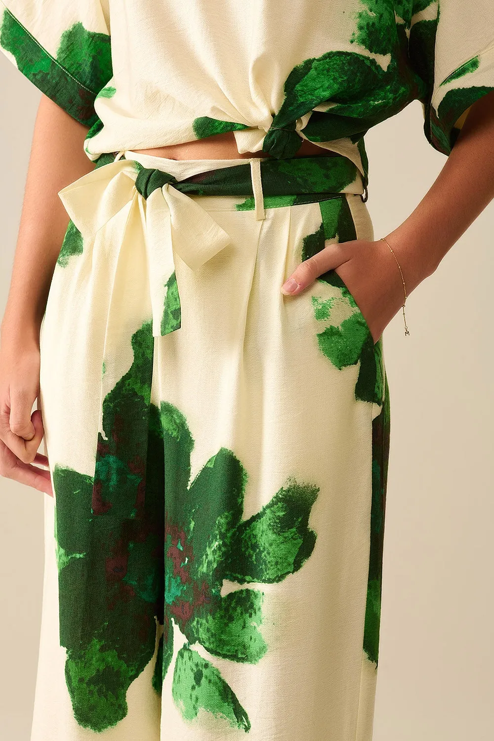 white Palazzo Pants With Green Tropial Flower Print and Matching Belt