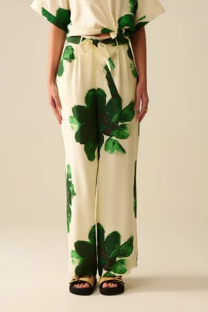white Palazzo Pants With Green Tropial Flower Print and Matching Belt