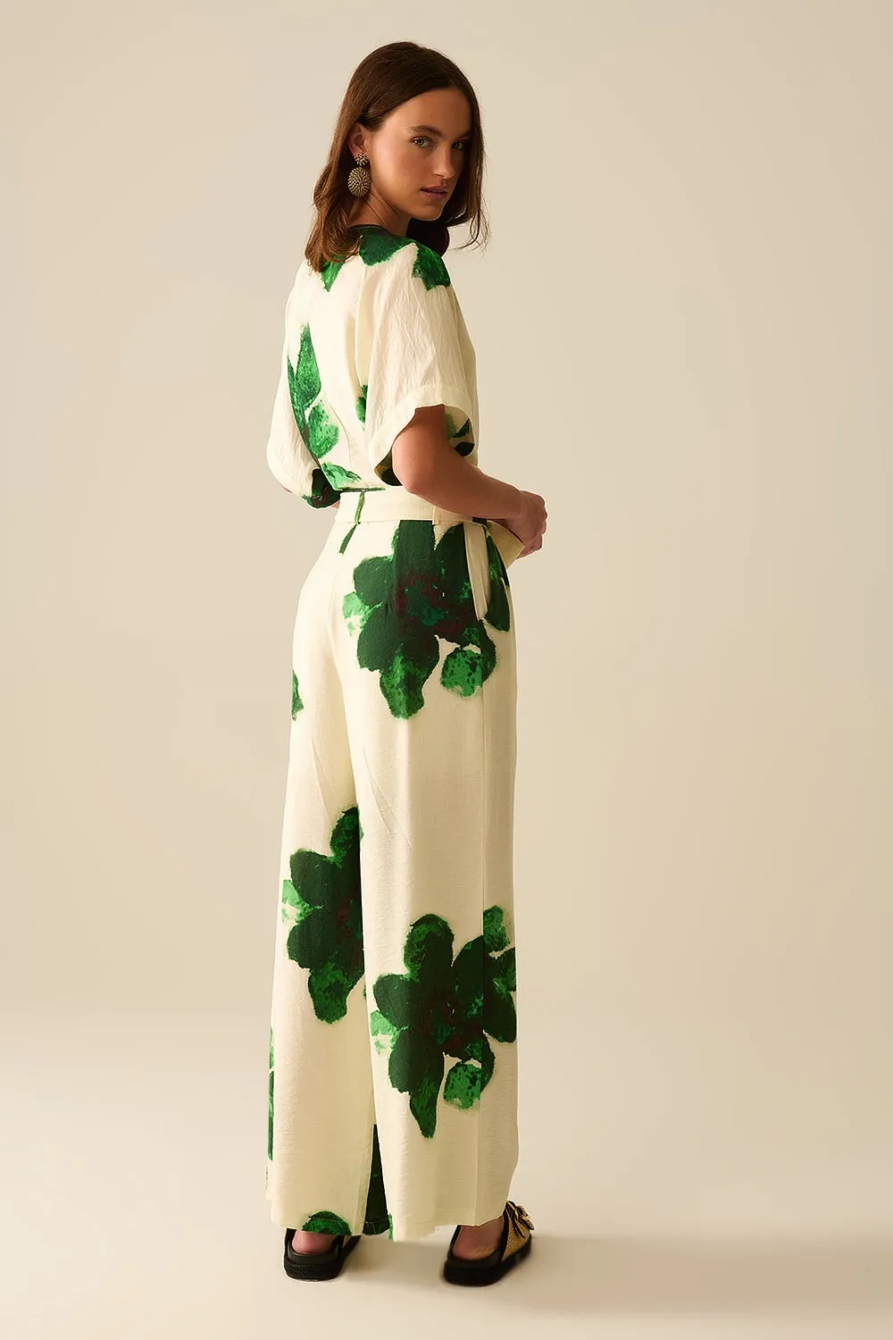 white Palazzo Pants With Green Tropial Flower Print and Matching Belt
