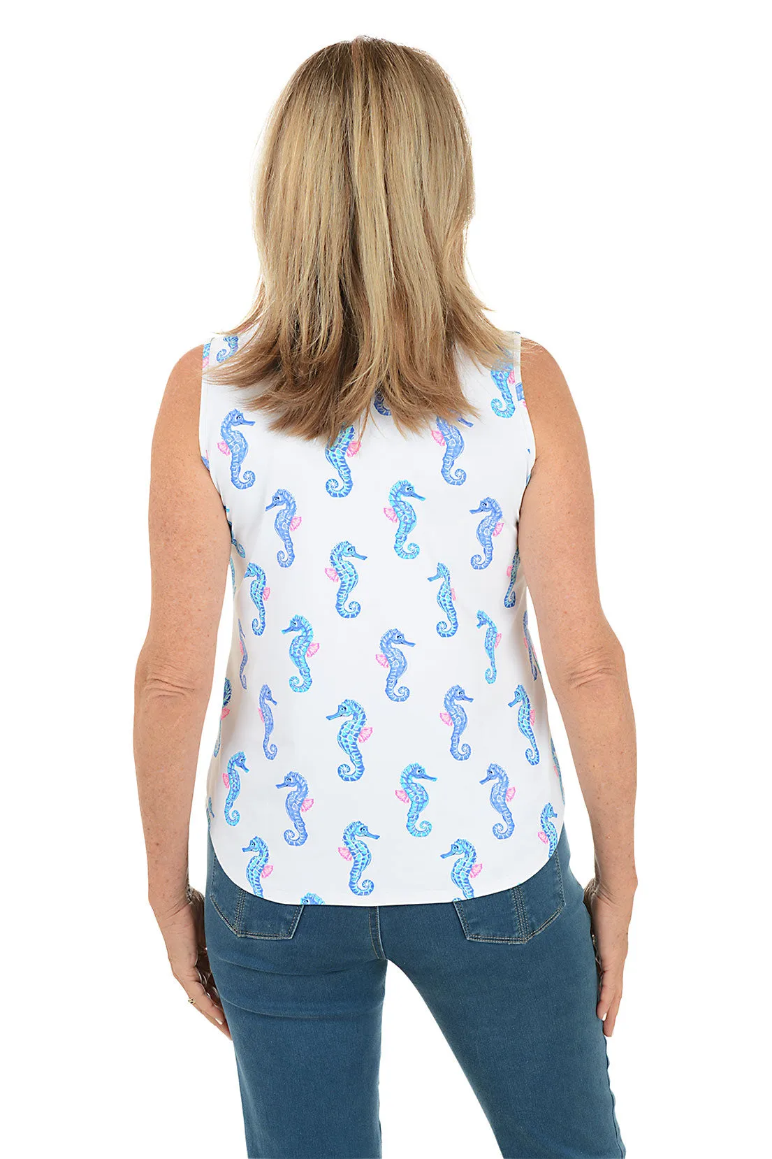 White Seahorses UPF50  Split Neck Sleeveless Top
