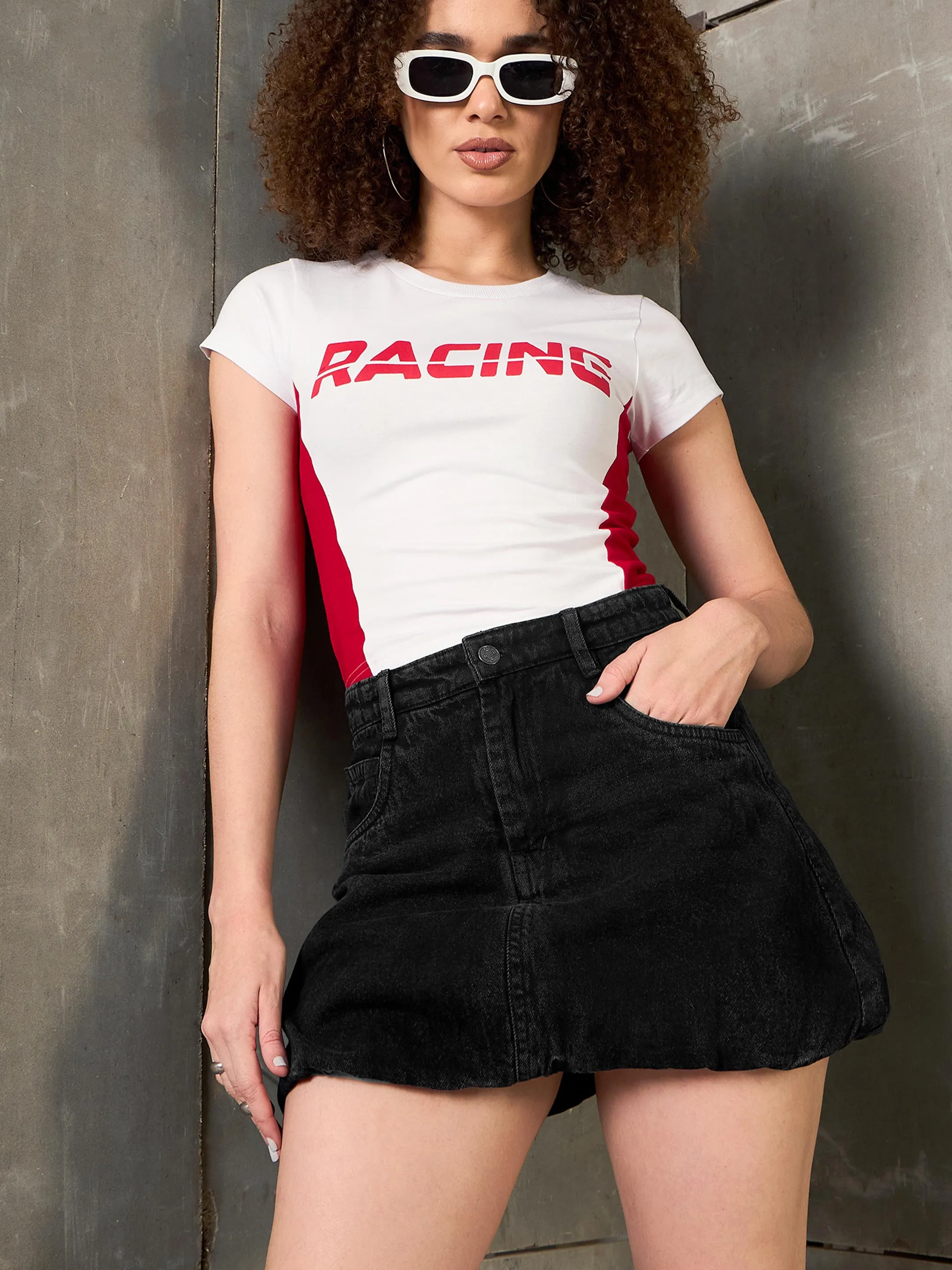 Women Black Washed Denim Balloon Hem Short Skirt