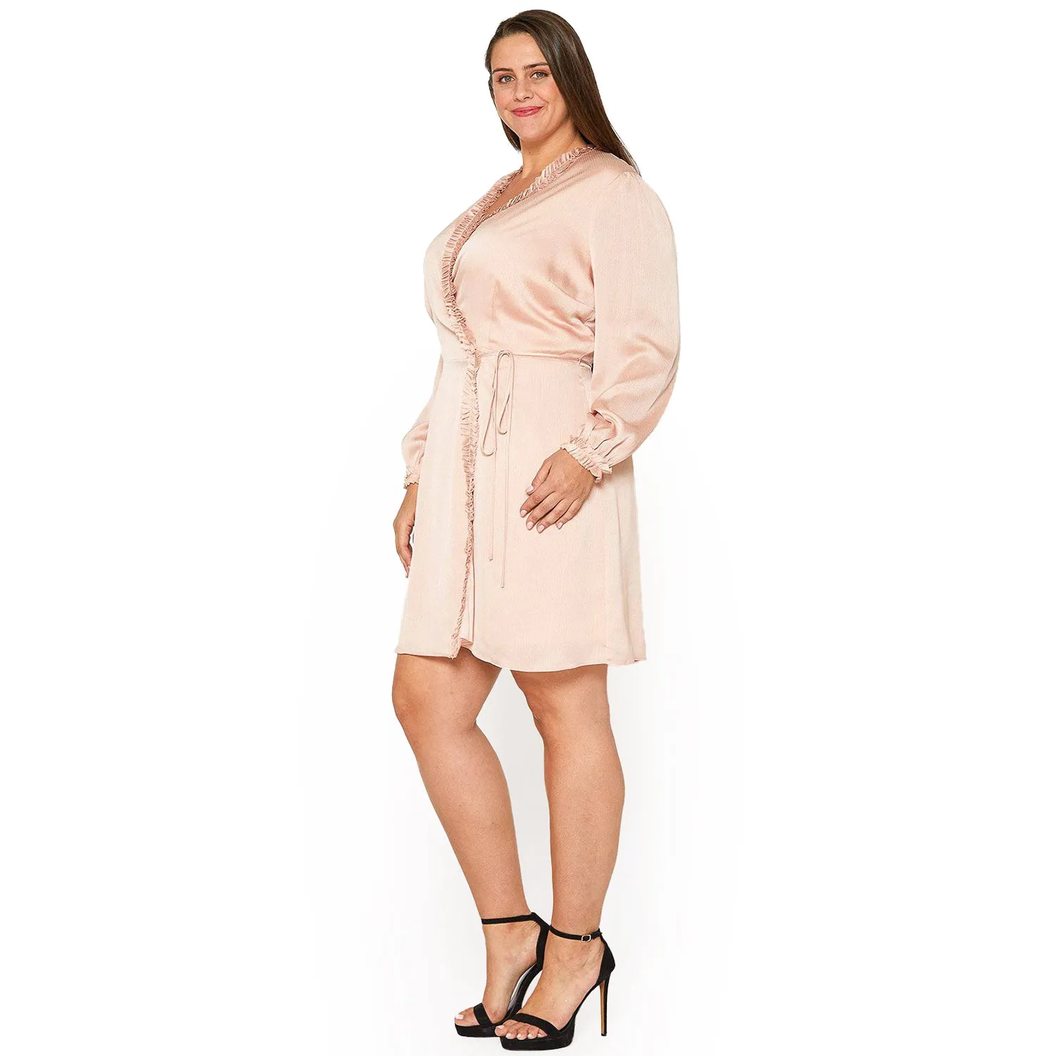 Women's Plus Size Ruffle Trim Long Sleeve Wrap Dress