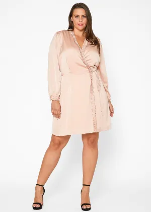Women's Plus Size Ruffle Trim Long Sleeve Wrap Dress