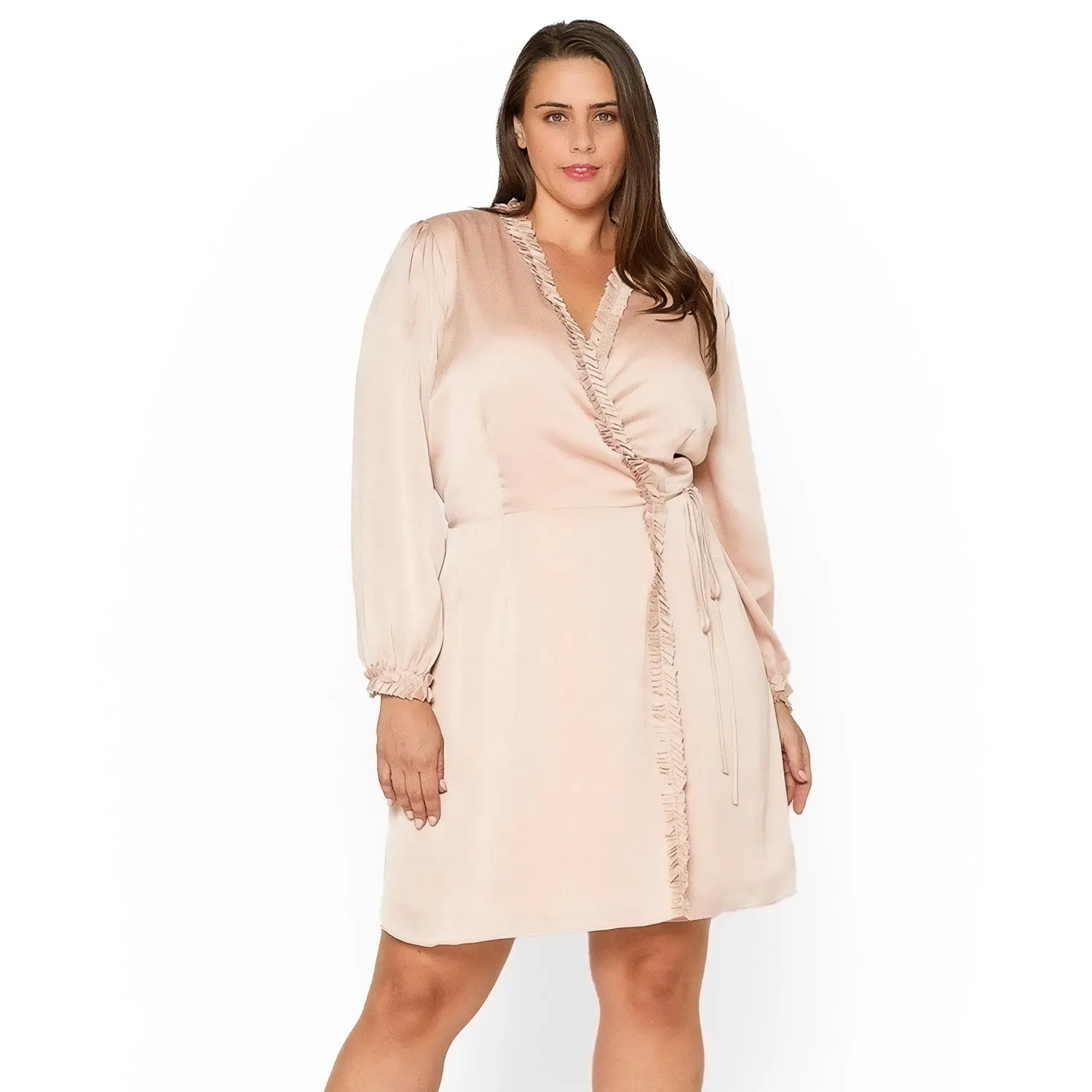 Women's Plus Size Ruffle Trim Long Sleeve Wrap Dress