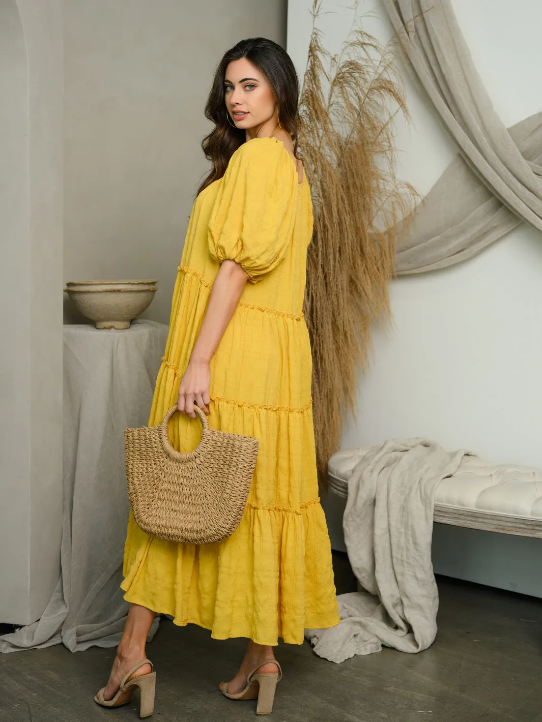 WOMEN'S SHORT PUFF SLEEVE TIERED MAXI DRESS