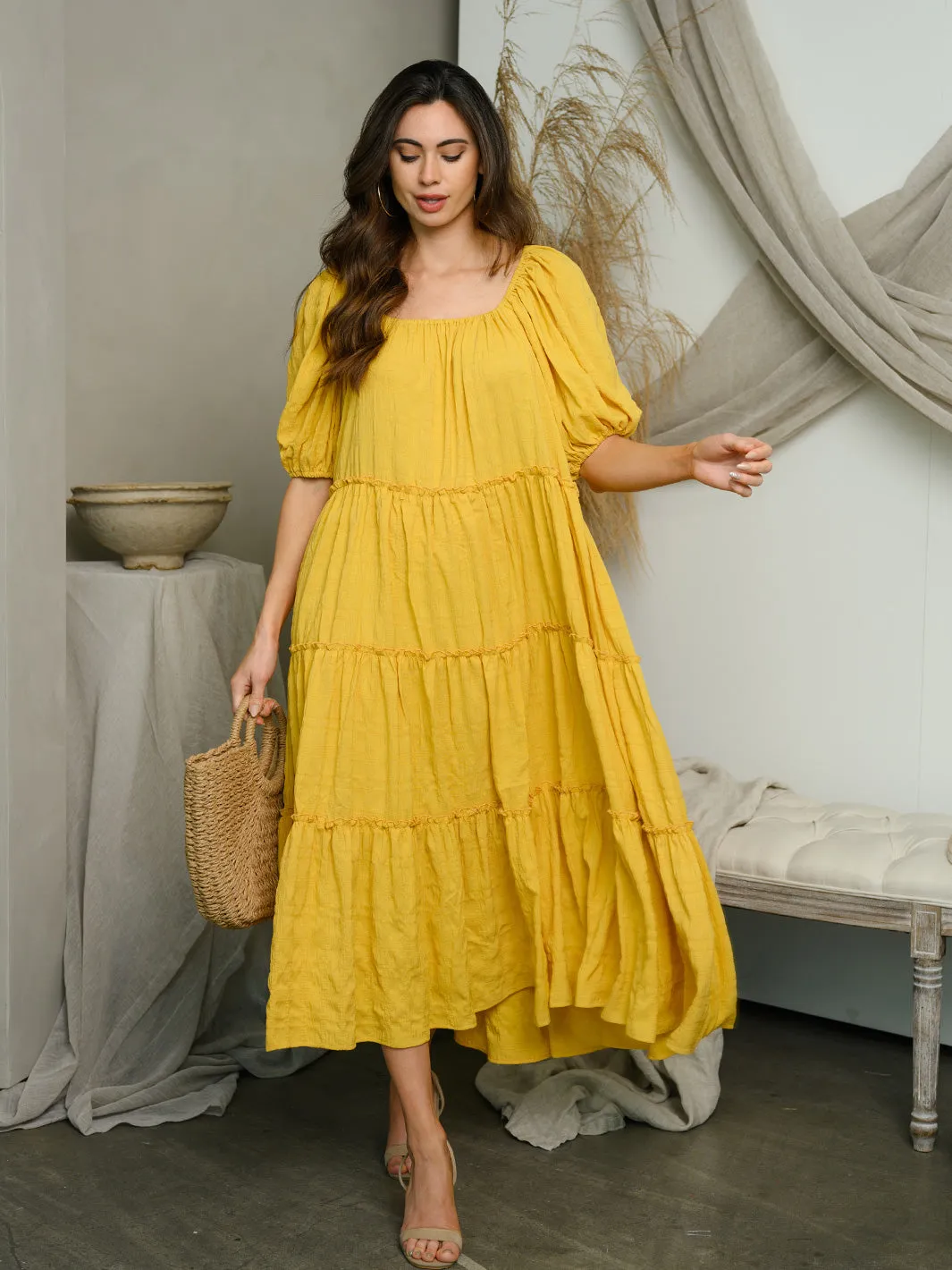 WOMEN'S SHORT PUFF SLEEVE TIERED MAXI DRESS