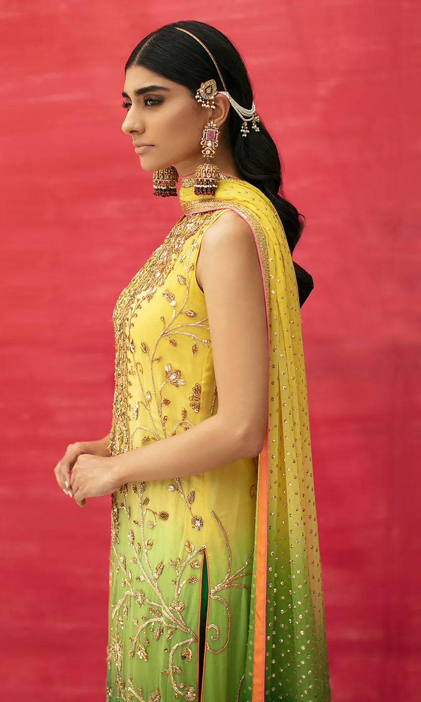 Yellow Long Kameez and Capri Pakistani Mehndi Dresses