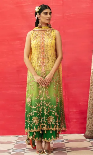 Yellow Long Kameez and Capri Pakistani Mehndi Dresses