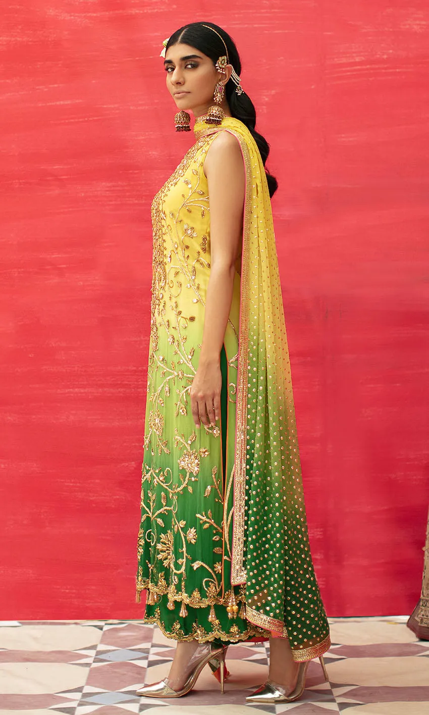 Yellow Long Kameez and Capri Pakistani Mehndi Dresses
